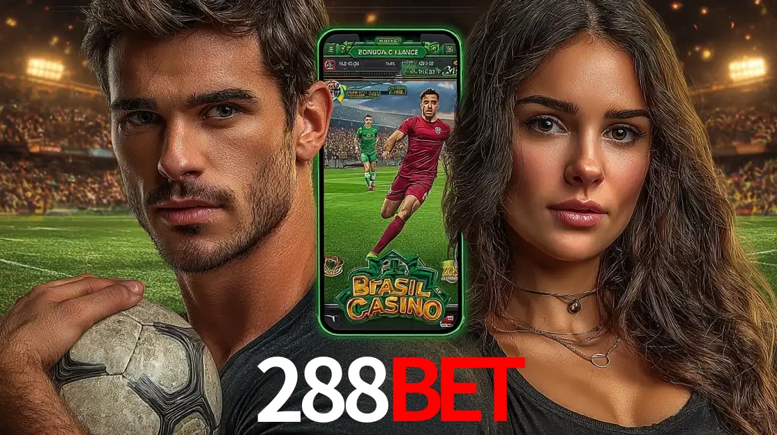 Homem segurando uma bola de futebol e uma mulher ao lado de um smartphone exibindo o jogo de apostas esportivas da 288bet. Faça seu palpite no cassino online.
